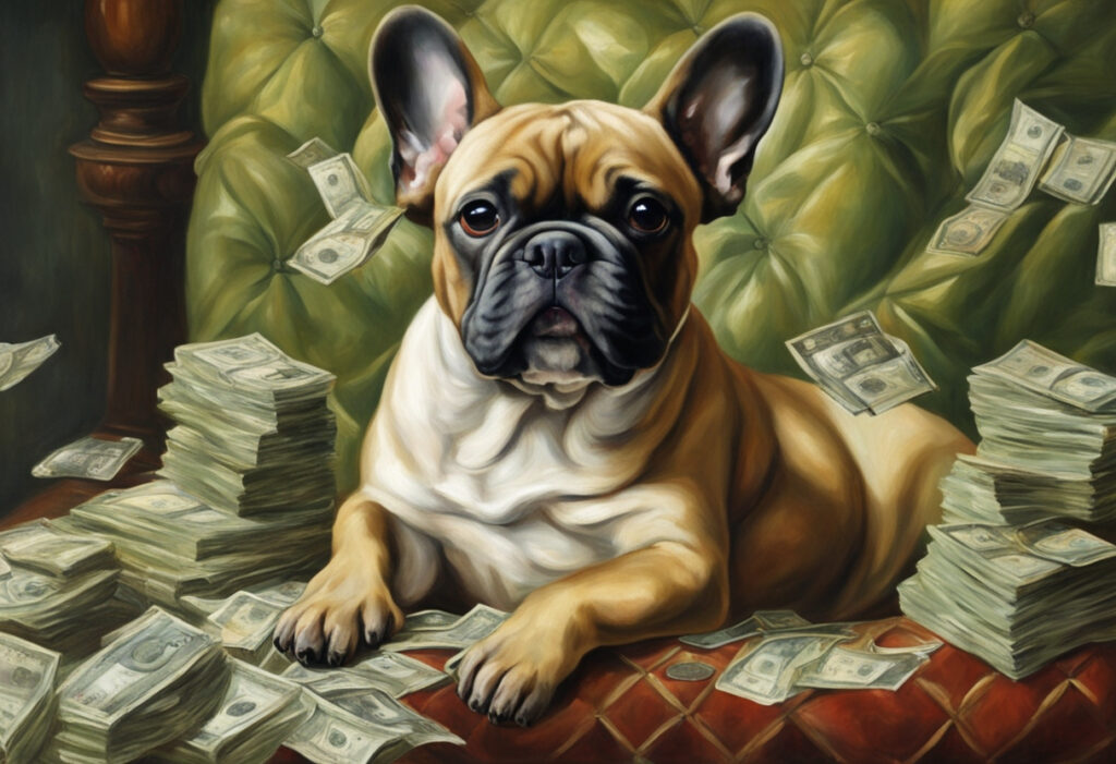 A French bulldog lying on a lounge surrounded by stacks of money.