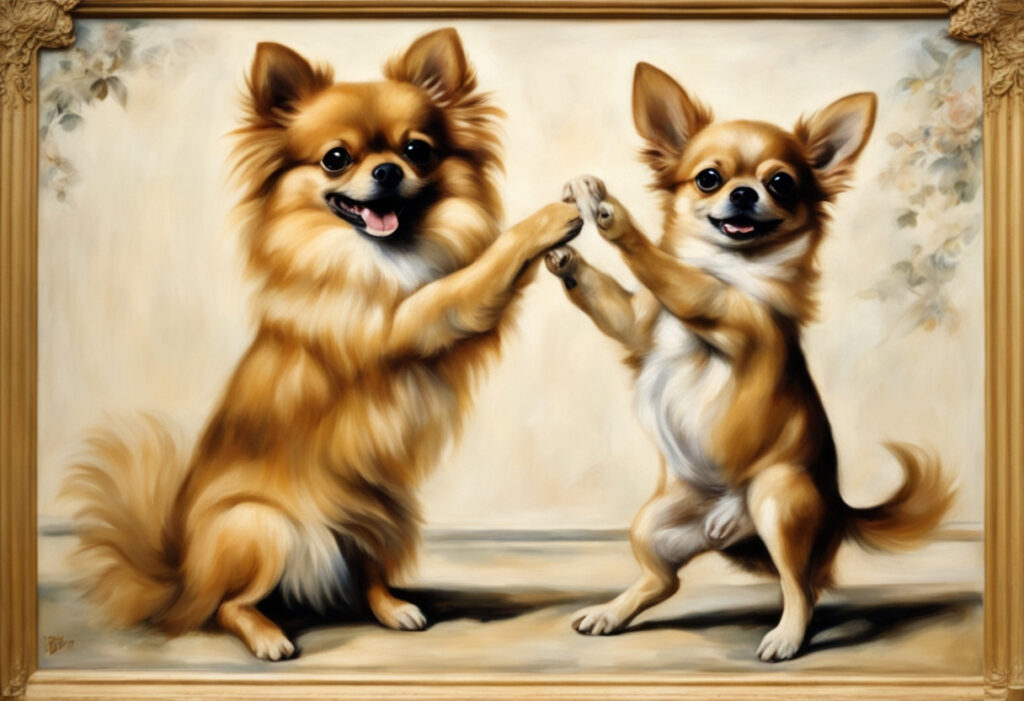 A Pomeranian and Chihuahua playing on their hind legs together.